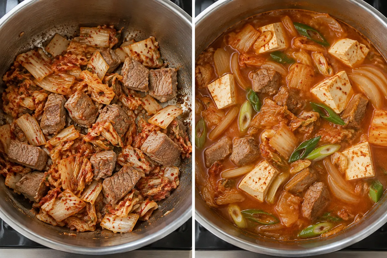 김치와 돼지고기를 볶는 과정과 두부를 넣고 끓이는 과정 · AI 참고 이미지