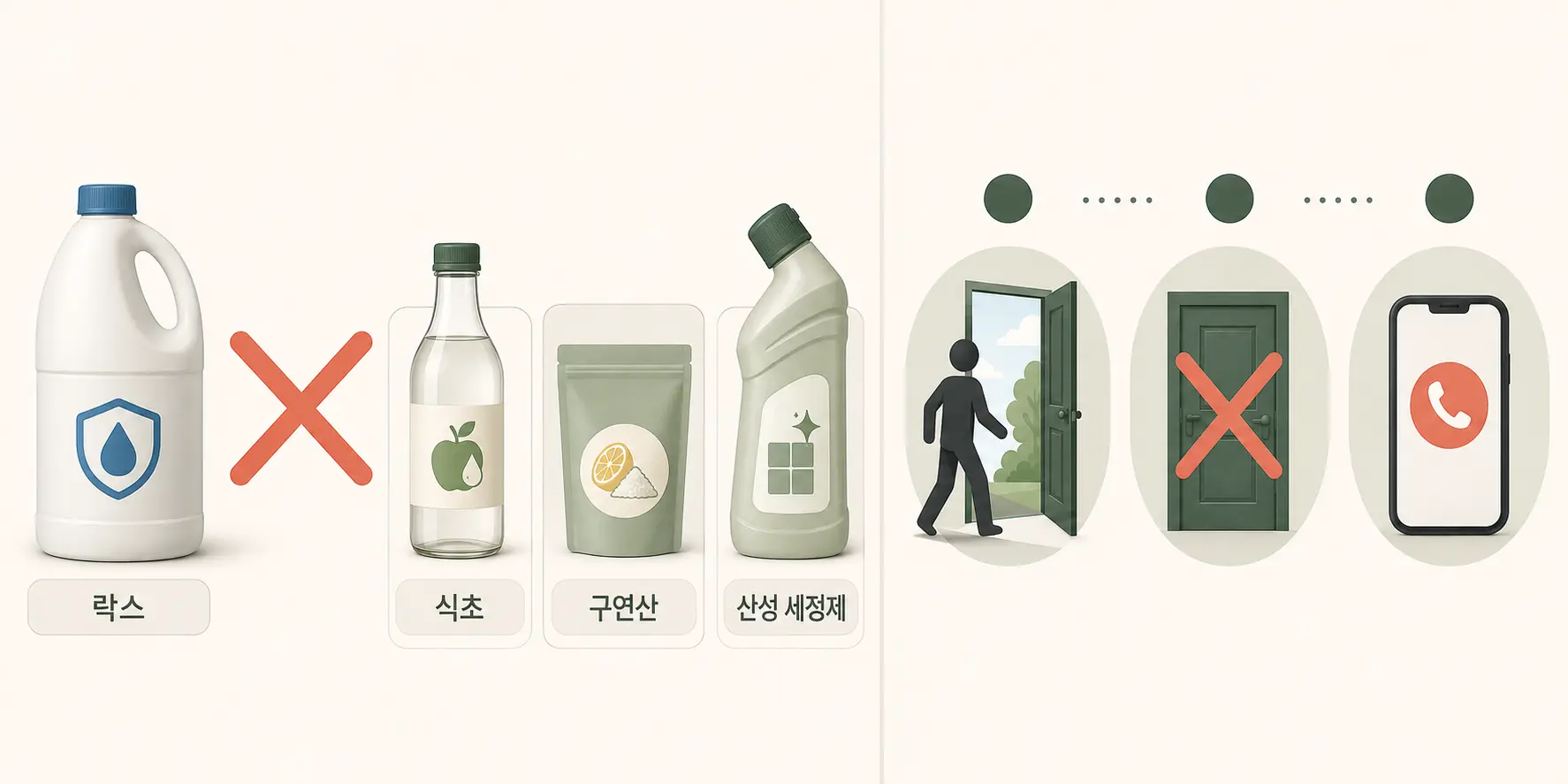 염소계 락스와 식초·구연산·산성 세정제를 함께 사용하지 않고 실수로 섞었을 때 현장에서 벗어나 재진입하지 않는 순서를 보여주는 설명도